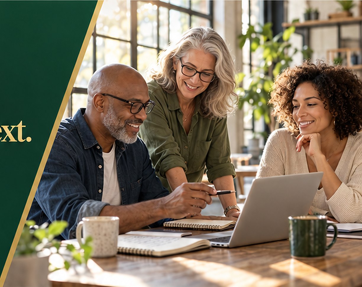 Three professionals planning a new venture together around a laptop