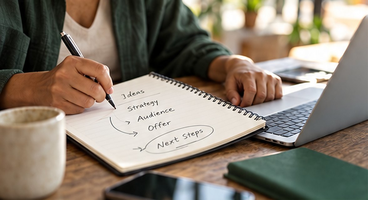 Notebook page mapping ideas, strategy, audience, offer, and next steps